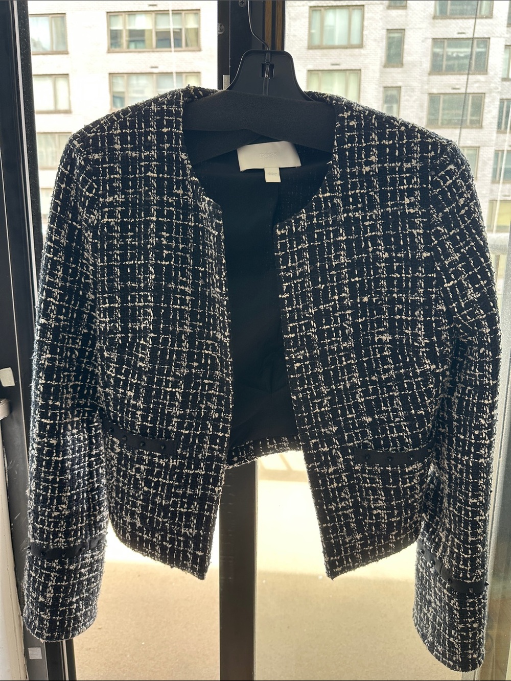 Hugo Boss Black and White Tweed Cropped Blazer